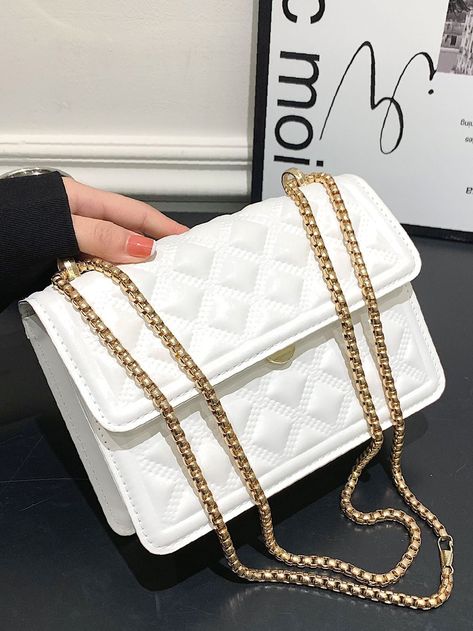 Bag For Love - Quilted Detail Flap Chain Square Bag  - Women Shoulder Bags Hand Bags For Women, Trendy Purses, Aesthetic Bags, Girly Bags, Chain Pattern, Trendy Handbags, Stylish Backpacks, Fancy Bags, Luxury Purses