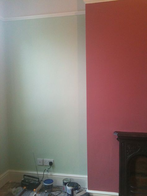 Pink chimney breast (dulux raspberry diva) and green walls in girls bedroom Dulux Raspberry Diva, Dulux Paint, Wall Inspiration, Chimney Breast, Green Walls, Paint Colours, Mountain Home, Inspiration Wall, Green Wall