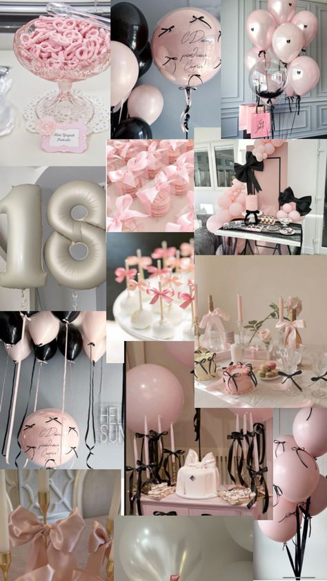 Birthday Theme Inspo Aesthetic, 14th Birthday Theme Ideas, Pink Bows Birthday Party, 21st Birthday Pink Theme, Black Pink Birthday Party Ideas, 18th Birthday Party Themes Decoration, 14th Birthday Party Ideas Themes, Pink Birthday Decorations, 18th Birthday Party Themes