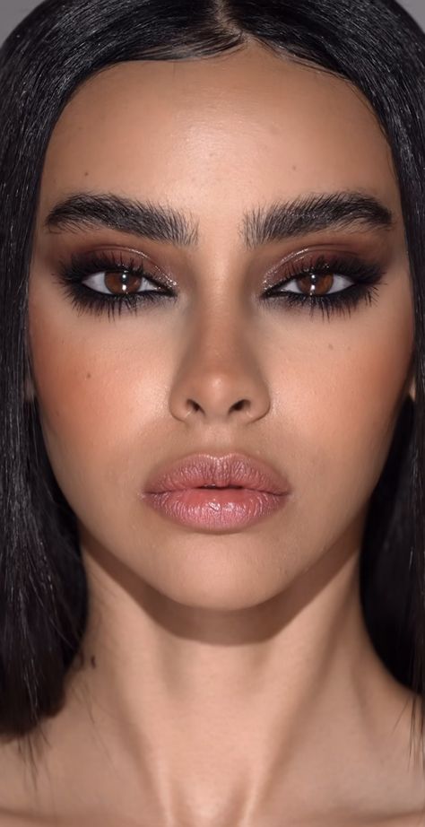 Medium Contrast Medium Skin, Contrast Makeup For Brown Eyes, Magician Makeup Female, Dark Eye Makeup Brown Eyes, Black Siren Eye Makeup, Best Black Eyeshadow, Makeup Inspo For Brown Eyes, Vampire Makeup Brown Skin, Metallic Eye Makeup Looks