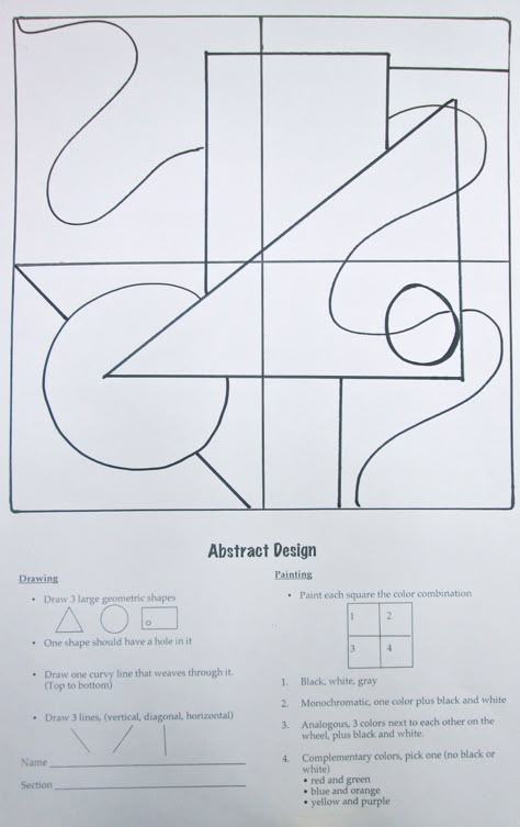 The 7th and 8th graders start out the trimester with a cubist color scheme project. They are given a square that is divided into 4. They are given directions to draw 3 large geometric shapes and 3 ... Non Objective Art Ideas, Non Objective Art, Elements Of Design Shape, Drawing Elements, Art Sub Plans, Art Handouts, 7th Grade Art, 8th Grade Art, Shapes And Forms