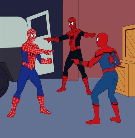 ComicBook.com on Instagram: “Drop your reaction in one emoji from this scene in #SpiderManNoWayHome 👇⁠ ⁠ (via @heroic_comics⁠)” Three Spiderman Pointing At Each Other, Spider Man Trio Pfp, Multiple Spiderman, Us In Another Universe Trio, The 3 Spiderman, 3 Spiderman Pointing, Movie Trios, Two Spiderman, Spiderman Trio