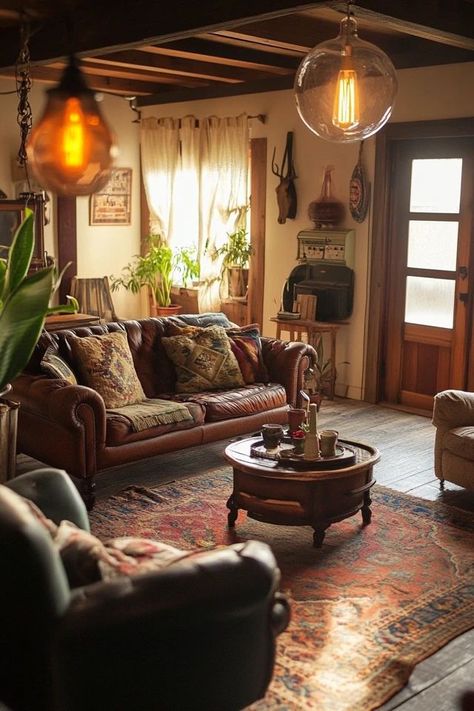 "Transform your living room into a cozy retreat with rustic charm! 🌾🛋️ Perfect for those who love the comfort and simplicity of farmhouse style. 🌿✨ #RusticDecor #FarmhouseStyle #LivingRoomInspiration" Vintage Country Living Room, Rustic Cozy Living Rooms, Vintage Western Living Room, Hobbit Living Room, Cozy Vintage Living Room, Hobbit Core, Brocante Style, Western Living Room, Western Bedroom Decor