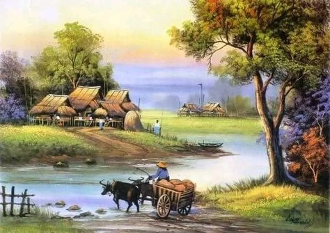 Village Village Scene Drawing, Vietnam Art, Scene Drawing, Village Photography, Art Village, African Art Paintings, Canvas Painting Landscape, Art Painting Gallery, Thai Art