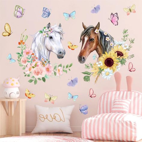 PRICES MAY VARY. Unique Design: Our Colorful Horses Stickers comes with flowers, butterflies and two beautiful horse pattern,not only add a decorative touch and artistic style to your home, but encourage you to keep moving for your goal. Easy to Paste and Peel: Removable Horses Wall Murals are made of quality vinyl, waterproof, it is easy to peel the backing off and quickly paste on the wall. Decorative Scenes: Watercolor Horses Stickers are great to decorate babyroom, playroom, nursery, bedroom Horse Bedroom Ideas For Girls Kids, Horse Wall Painting Ideas, Horse Wall Mural Ideas, Girls Room Horse Theme, Horse Wallpaper For Bedroom, Animal Themed Bedroom, Girl Horse Room, Horse Girls Bedroom, Horse Room Decor