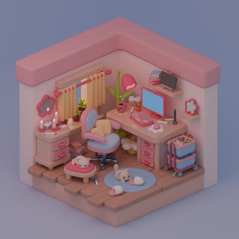 ArtStation - Pink Workplace Blender Room, Dreamy Bedroom Ideas, Isometric Rooms, Blender Character Modeling, Pink Cafe, Kawaii Bedroom, Blue Emerald, Mini Doll House, Isometric Art