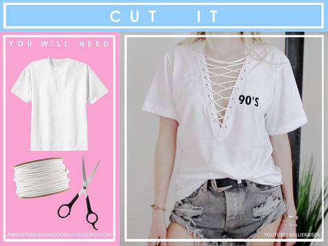 How To Make A Lace Up Shirt, Diy V Neck T Shirt, Diy Lace Up Shirt, Diy Lace Up, Old Clothes Diy, Shirt With Chains, Recycle Old Clothes, Chain Shirt, Laced Up Shirt