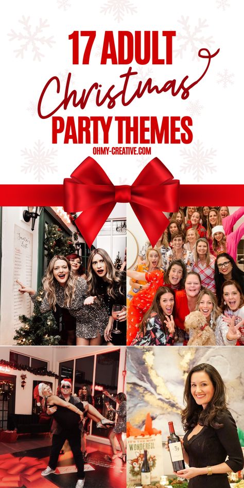 Get ready to spread some holiday cheer with these 17 adult Christmas party themes that will take your celebrations to the next level! From elegant dinner parties with festive cocktails to themed celebrations. You can create a cozy, warm and the best festive atmosphere or go all out with a lively bash filled with games, music, and laughter. These themes will help you craft the ideal holiday experience, no matter how you envision your Christmas party. #AdultChristmasParty #ChristmasPartyThemes Black And White Christmas Party Theme, Christmas Themed Ladies Night, Friendsmas Party Theme Ideas, Christmas Party Movie Theme, Holiday Themed Party Ideas, Fancy Christmas Party Theme, Christmas Theme Dinner Party, Holiday Theme Parties, Staff Christmas Party Themes