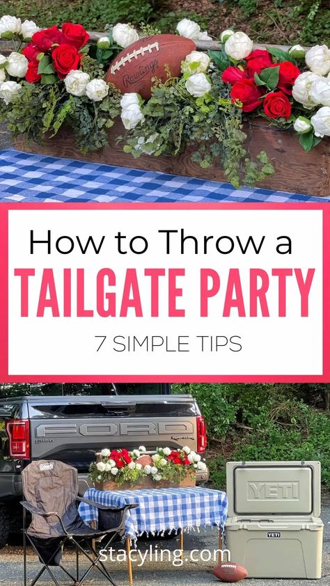 Are you ready for some football? Throw the best tailgating party with these simple tips. #tailgateparty #tailgatefood #tailgatesetup #tailgating #tailgatingparty #tailgatingrecipes #tailgatingfood #tailgatingideas #tailgatinghacks #partyideas #dinnerparty #dinnerpartyideas #footballpartyfood #footballpartydecorations 50th Birthday Tailgate Party, Uga Tailgate Decor, Tailgate Centerpiece Ideas, Tailgate And Celebrate Engagement Party, Tailgate Couples Shower Ideas, Tailgate Setup, Tailgate Party Ideas, Tailgating Hacks, Supper Club Theme