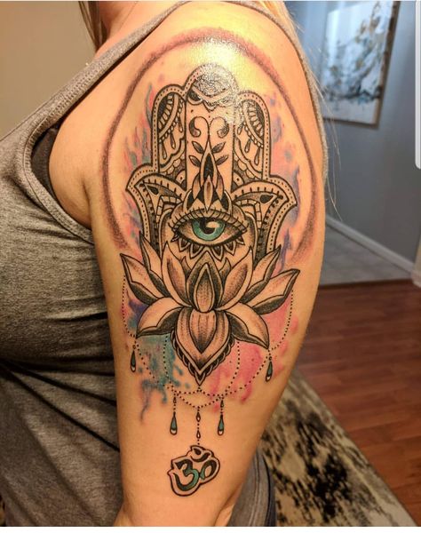 Hamsa hand and Lotus flower tattoo #hamsa #lotus #ohmsymbol #bodyart #halfsleeve #watercolortattoo #hippietattoos #bohotattoos Hand Hasma Tattoo, Hamsa And Lotus Tattoo, Hamsa Tattoo Design For Women, Lotus Flower Tattoo Hand, Hamsa Tattoo With Lotus, Hasma Tattoos For Women, Lotus Flower With Evil Eye Tattoo, Feminine Evil Eye Tattoo, Hasma Tattoo Lotus