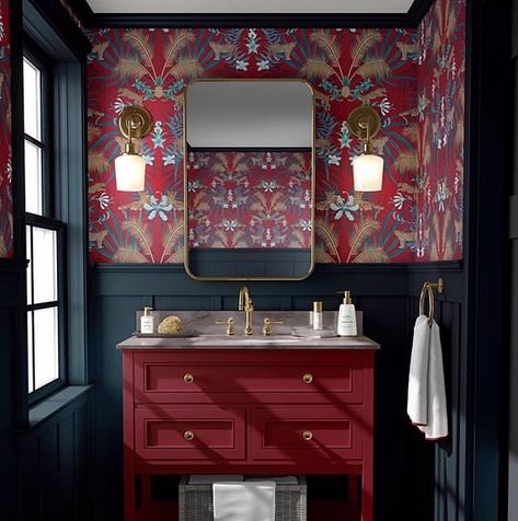 Graduate Collection on Instagram: “We love this beautiful bathroom scheme using our Leopard Luxe wallpaper in red by the lovely @beccawhodesigner 🐆❤️ ⠀⠀⠀⠀⠀⠀⠀⠀⠀ ⠀⠀⠀⠀⠀⠀⠀⠀⠀ The…” Red Modern Bathroom, Red Wallpaper Powder Room, Dark Red Powder Room, Red Wallpaper Bathroom, Dark Red Bathroom Ideas, Maroon Bathroom Ideas, Deep Red Bathroom, Blue And Red Bathroom, Dark Red Bathroom