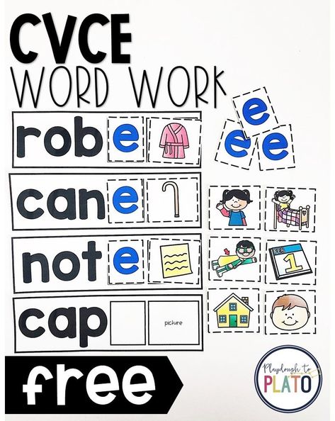 Are you looking for a helpful tool to teach students about the silent E once and for all? These colorful word work cards are must-try! They are great literacy centers for kindergarten and first grade readers any time of the year. #cvcewordwork #kindergartenreadingcenters #firstgrade #playdoughtoplato Kindergarten Reading Centers, Centers For Kindergarten, Long Vowel Words, Playdough To Plato, Silent E, Word Work Centers, First Grade Phonics, Cvce Words, Magic E