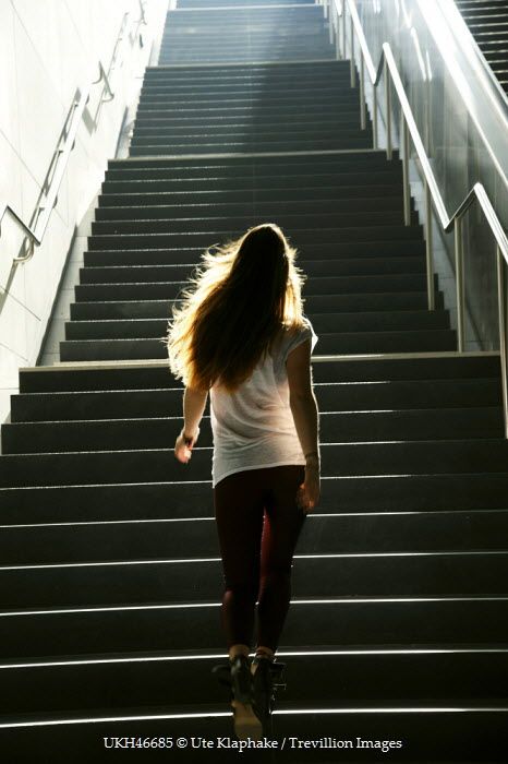 Ute Klaphake GIRL RUNNING UP STAIRS Women Walking Up Stairs Photography, Running Up Stairs, Walking Stairs, Running Girls, Walking Up Stairs, Stair Art, Top Of Stairs, Up Stairs, Hip Hop Dancer