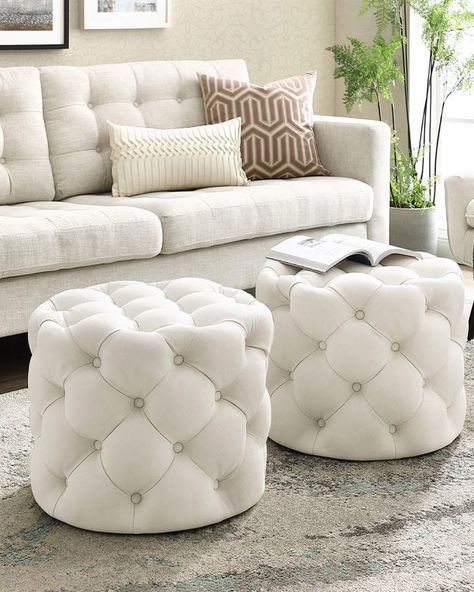 Inspired Home Quilted Linen Ottoman Round Tufted Ottoman, Corner Sofa And Chair, Linen Ottoman, Glam Furniture, Bat Cave, Classy Bedroom, Modern Ottoman, Trendy Furniture, Corner Sofa Set