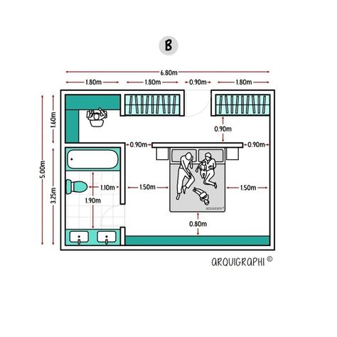 #architecturesight⁣ Which design is your favorite: A or B?⁣ 2 Bedrooms with the same area, 34m² - Main Bedrooms⁣ ⁣ Nowadays, bedrooms prioritize comfort, personal expression, and the integration of spaces, such as work areas.⁣ ⁣ ▪️ These are recommendations; in your country, you may have different design standards.⁣ ⁣ Get your copy now of "Guide to Architecture and interior design". ⁣ What does the Book contain?⁣ ✅ Architectural works⁣ ✅ The importance of color⁣ ✅ Decor/ Details/ Doors/ Windo... Bedroom Plan Layout, Hotel Room Design Plan, Hotel Floor Plan, Small Bedroom Layout, Closet Planning, Amazing Bedroom Designs, Bedroom Ensuite, Indian House Plans, Hotel Floor