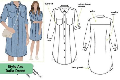 Como puedo hacer los patrones para talla S.? Italia Shirt, Shirt Dress Pattern, Shirt Sewing Pattern, Denim Shirt Dress, Dress Sewing Pattern, Dress Sewing, Dress Shirts For Women, Dress Sewing Patterns, Sewing Clothes