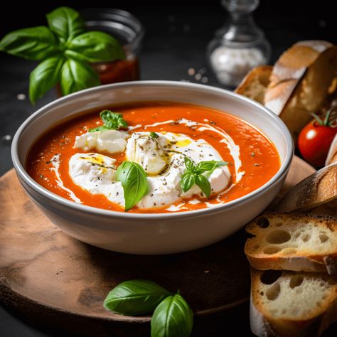 Creamy Tomato, Basil, and White Wine Soup with Burrata Melt Recipe White Wine Soup, Creamy Tomato And Basil Soup, Lemon Basil Burrata, Rich And Creamy Tomato Basil Soup, Nordstrom Roma Tomato Basil Soup, Fennel Slaw, East Side Mario’s Tomato Soup, Melt Recipe, Tomato Basil Soup