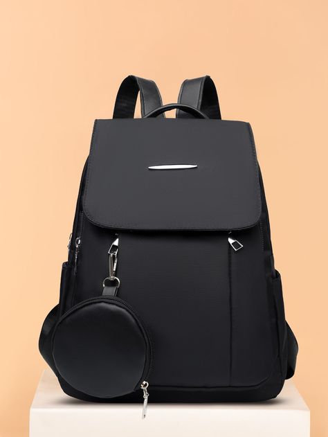 Black Cool   Oxford Plain Flap Backpack Embellished   Women Bags Girly Backpacks, Cute School Bags, Stylish School Bags, Women Backpack Fashion, Sac Diy, Trendy Purses, Flap Backpack, Girly Bags, Stylish Backpacks