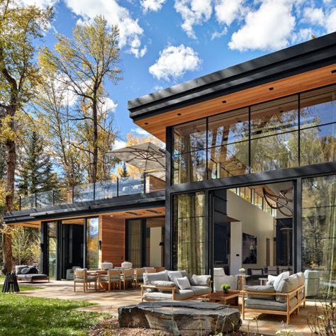 Living Room Spotlights, Aspen Home, Contemporary Mountain Home, Aspen House, Riverside House, Cedar Planks, Forest Bathing, Glass Walls, Colorado Homes