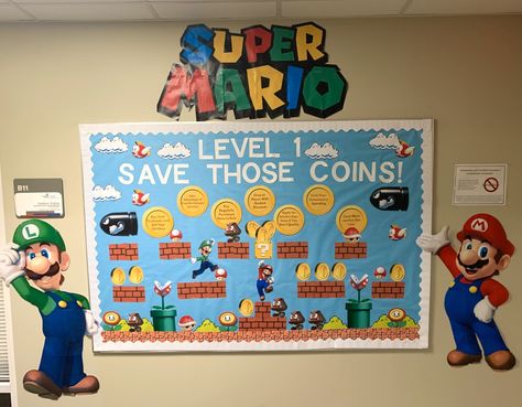 Mario Bulletin Board Ideas, Super Mario Bros Bulletin Board Ideas, Super Mario Bros Bulletin Board, Zelda Classroom Theme, Mario Kart Bulletin Board, Super Mario Bulletin Board Ideas, Video Game Bulletin Board, Level Up Bulletin Board Ideas, Super Mario Bulletin Board