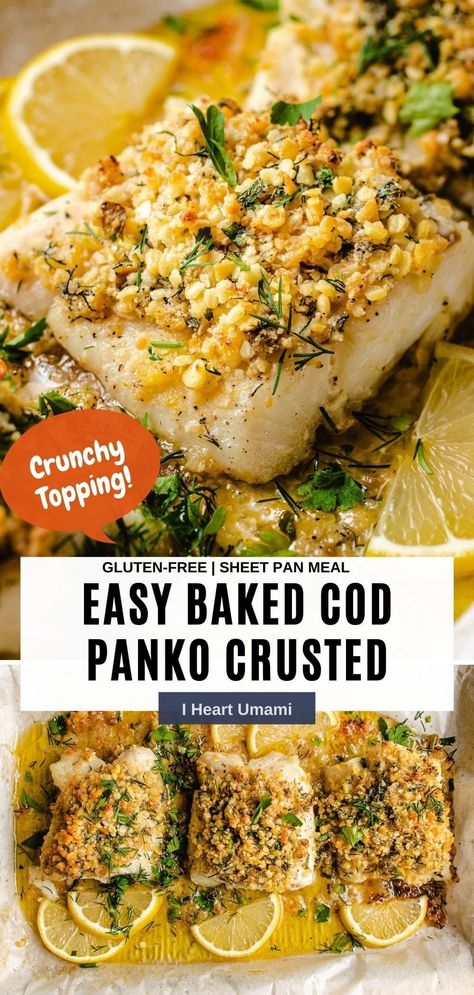 Baked cod with panko with gluten-free golden crunchy topping and buttery flaky cod baked to perfection! Panko crusted cod is so tasty, healthy, and easy! #cod #fishrecipes #bakedcod #seafood #seafoodrecipes #panko #glutenfreerecipes #glutenfree Cod One Pan Meal, Herb Crusted Cod, Baked Cod With Panko, Sheet Pan Cod Recipes, Aip Cod Recipes, Panko Cod Baked, Cod Sheet Pan Dinner, Panko Fish Recipes, Panko Crusted Halibut