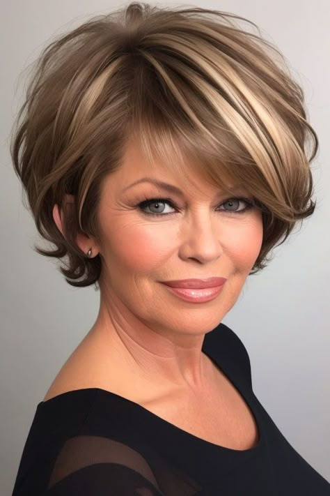 Side Bang Bob Haircut, Kim Gravel Hair Short Hairstyles, Short Layered Bob Hairstyles For Thick Hair, Bob Hairstyles For Thick Hair Over 50, Layered Bob Hairstyles Chin Length, Mid Length Layered Hairstyles, Layered Bob With Bangs Over 50, Short Layered Bob With Bangs, Feathered Bob Hairstyles