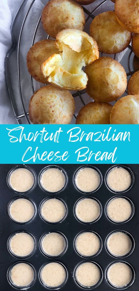 Easy Shortcut Brazilian Cheese Bread Brazilian Bread Cheese, Brazilian Cheese Balls, Brazilian Cheese Bread Recipe, Brazilian Cheese Bread, Cheesy Bread, Tapioca Flour, Mini Muffin Pan, No Knead Bread, Caramel Pecan