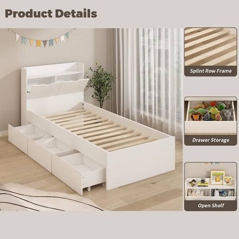 Twin Bedframe With Drawer, White Full Bed Frame With Storage, Twin Platform Bed With Storage The Home Depot, Queen Bed With Drawers White, White Platform Bed, Twin Size Bed Worh Storage, Horse Bedroom, Bed Frame With Drawers, Headboard With Lights