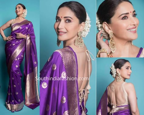 Madhuri Dixit Saree Blouse Design, Bollywood Silk Saree, Jewellery On Purple Saree, Madhuri Saree Look, Jewellery For Purple Saree, Kanjivaram Saree Hairstyle, Purple Sarees With Contrast Blouse, Saree And Gajra Look, Purple Saree Look Traditional