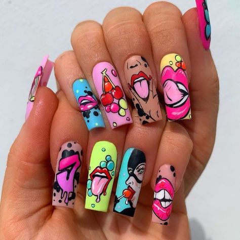 Pop Art Nails, Edgy Nails, Cute Acrylic Nail Designs, Crazy Nails, Summer Acrylic Nails, Coffin Nails Designs, Bling Nails, Funky Nails, Dope Nails