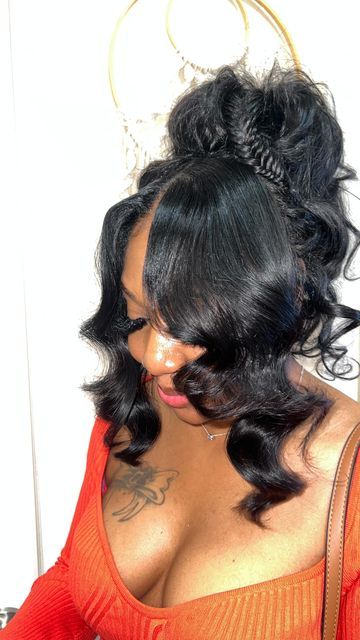 Pinned Updo Hairstyles, Pin Up Prom Hair, Quick Weave Pin Up Hairstyles, Pin Ups Hair, Pin Up Girl Hairstyles For Black Women, Pin Up Hair Styles Black Women, Prom Up Do Hairstyles, Pin Up Black Women, Up Dos Black Hair Hairstyles