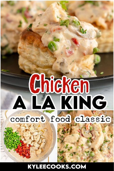 Introducing Chicken a la King, the ultimate one-dish wonder! Get ready to tantalize your taste buds with succulent chicken, smothered in a luxurious, creamy sauce bursting with flavors. This dish is a true winner, packed with wholesome ingredients such as tender chicken breast, sweet onions, savory mushrooms, vibrant roasted red peppers, and delightful peas. And the best part? It's all seasoned to perfection with a sprinkle of happiness! Crock Pot Chicken Ala King, Chicken Al A King Recipes, Chicken Al King Recipes Simple, Chicken Ala King Easy, Chicken Ala King Recipes, Chicken Al A King, Easy Chicken A La King, Chicken Ala King, Risotto Recipes Chicken