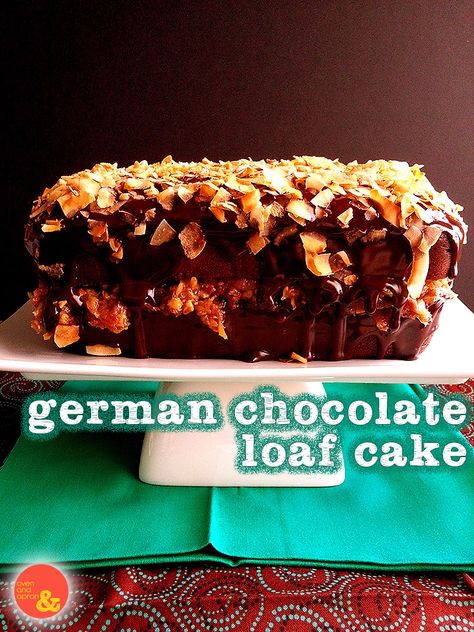 German Chocolate Loaf Cake: This super simple loaf-style cake gets filled with a toasted coconut and pecan caramel filling, and covered with dark chocolate ganache and toasted coconut shreds! German Chocolate Loaf Cake, Cake In A Loaf Pan, German Chocolate Icing, Round Layers, Loaf Pan Cake, Chocolate Loaf, Chocolate Loaf Cake, Baking A Cake, Caramel Filling