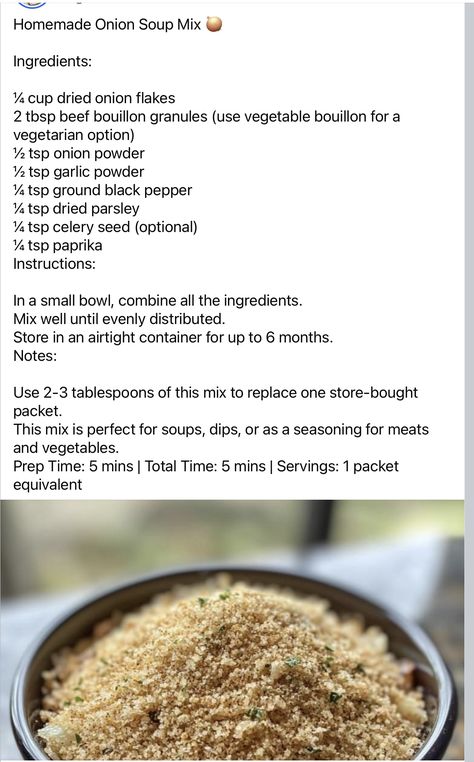 Homemade onion soup mix Keto Onion Soup Mix Recipe, Copycat Lipton Onion Soup Mix Recipe, Diy Onion Soup Mix Recipe, Homemade Onion Soup Mix Recipe, Dried Onion Soup Mix Recipes, Vegan Seasonings, Homemade Onion Soup, Onion Soup Mix Recipe, Fancy Foods