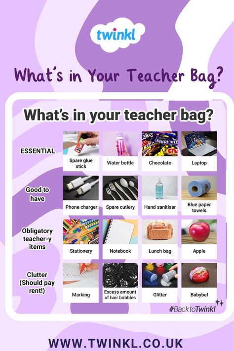 What's in Your Teacher Bag? Back to School Ideas Substitute Teacher Bag, Teaching Bag, Back To School Ideas, School Backpack Essentials, Teacher Must Haves, Substitute Teaching, Teacher Bag, School Bag Essentials, Backpack Essentials