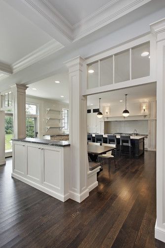 Half Wall With Columns, Kitchen Island With Columns, Column Design Ideas, Half Wall Kitchen, Kitchen Pass Through, Kitchen Pass, Banquette Design, Traditional Kitchen Design, Hardwood Floors Dark