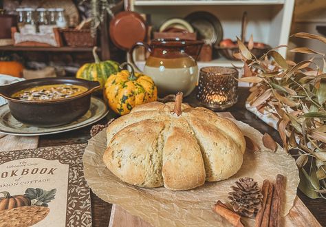 How to Make a Pumpkin-Shaped Bread Loaf | Vegan & Easy Recipe | Cottagecore Baking Cottagecore Baking, Shaped Bread, Freshly Baked Bread, Cosy Autumn, Bread Loaf, Autumn Table, Baked Bread, Autumn Days, Bowl Of Soup