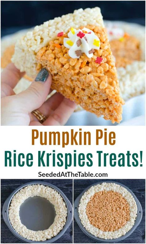 Rice Krispie Treat Pumpkin Pie, Rice Krispie Treats Thanksgiving Ideas, Thanksgiving Desserts Kids Easy, Thanksgiving Rice Krispie Treats Ideas, Thanksgiving Potluck Ideas For Kids, Thanksgiving Potluck Ideas Desserts, School Potluck Ideas Kids, Thanksgiving Class Treats, Sahara Dessert