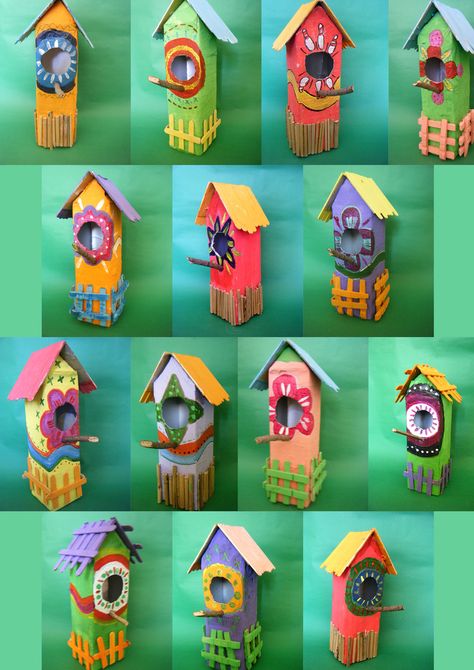 Bird House Crafts, House Crafts For Kids, Milk Carton Crafts, Bird Feeder Craft, Birdhouse Craft, Homemade Bird Feeders, House Crafts, Diy Bird Feeder, Recycled Art