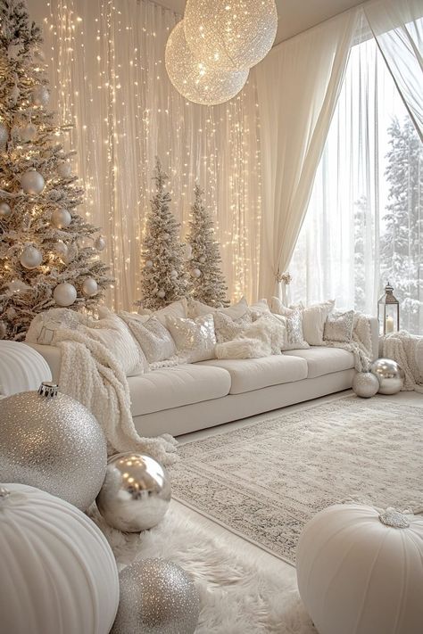 29 Christmas Party Decor Ideas for a Festive and Cozy Celebration White Christmas Aesthetic Decor, Snow Ball Party Theme, White Christmas Theme Party, Elegant Christmas Decor Ideas For Living Room, White Christmas Decorations Elegant, White Christmas Living Room Decor, White Silver Christmas Decor, White Christmas Party Theme, All White Christmas Decor