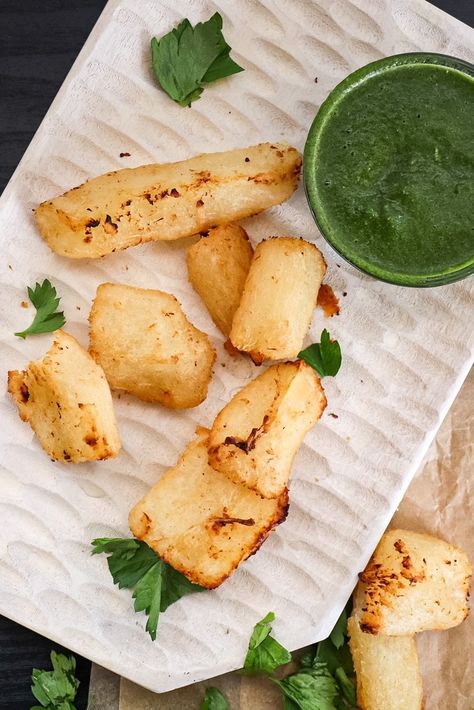 Fried Yuca with Green Mojo Sauce- air fryer recipe - Razzle Dazzle Life Fried Yuca, Yuca Fries, Potato French Fries, Yucca Fries, Kid Friendly Appetizers, Cuban Mojo, Cuban Dishes, French Fried Potatoes, French Fries Recipe