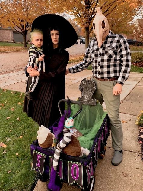 Adam’s Family Costumes Family, Kids Beetlejuice Costume Diy, Family Halloween Costumes With Stroller, Family Beetlejuice Halloween Costumes, Halloween Costumes Ideas For Family Of 3, Bettle Juice Family Costumes, Baby Wagon Halloween Costume, Beetlejuice Family Costume Halloween, Family Costumes With Toddler