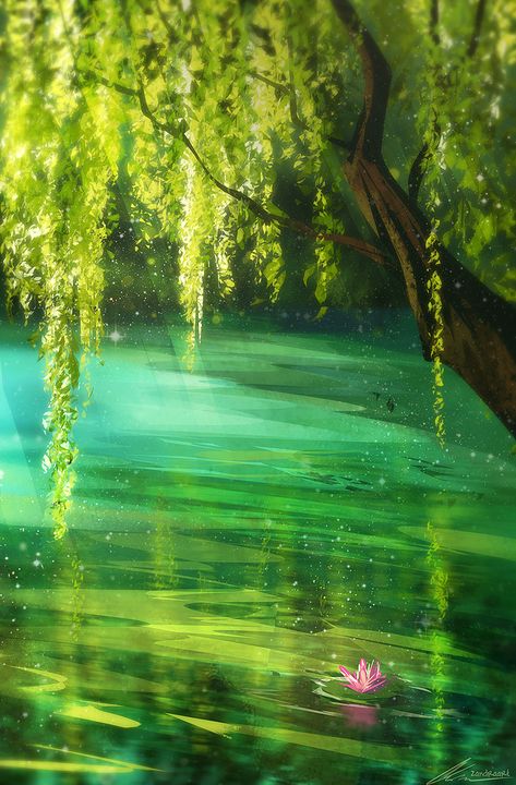 Willow, Digital 숲 사진, Fantasy Art Landscapes, 판타지 아트, Alam Yang Indah, Anime Scenery Wallpaper, Fantasy Illustration, Water Lilies, Fantasy Landscape, Scenery Wallpaper