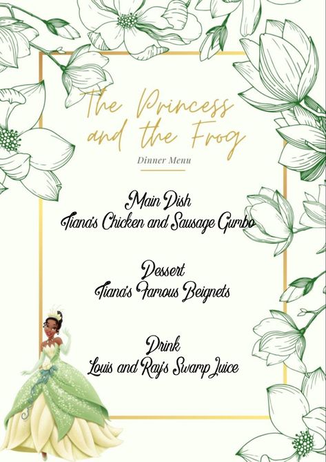 Princess And The Frog Dinner Ideas, Princess And The Frog Dinner And A Movie, Princess And The Frog Movie Night, Princess And The Frog Dinner, Fun Dinners For Kids, Disney Movie Themed Dinner, Disney Cookbook, Disney Movie Night Menu, Tiana Party