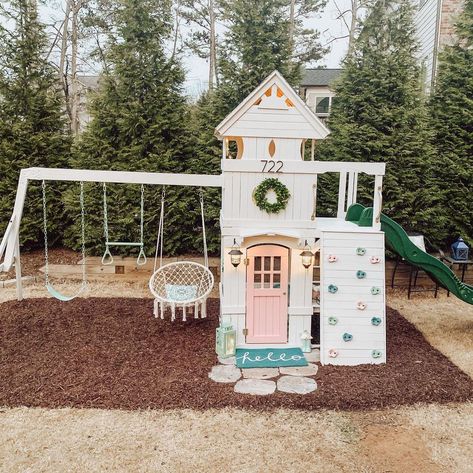 Playset Area In Backyard, Princess Playhouse Outdoor, Under Playset Ideas Outdoor Play, Kids Porch Play Area, Playhouse Swingset Makeover, Playhouse Under Swingset, Swingset Accessory Ideas, Fenced In Play Area, Play House Ideas Backyard