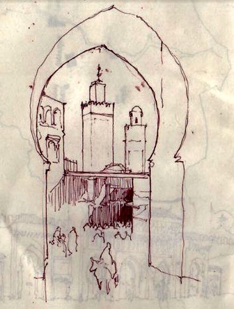 Arab Drawing, Morocco Illustration, Ocean Drawing, Architecture Drawing Sketchbooks, Notebook Drawing, City Sketch, Architecture Tattoo, Travel Sketches, Jewish Art