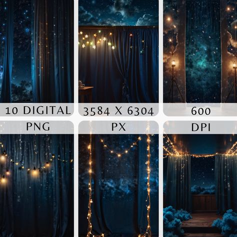 Capture the magic of the cosmos with our Enchanted Night Sky Backdrop. Ideal for photographers, event planners, or anyone looking to add a touch of celestial charm, this high-quality, durable backdrop features a mesmerizing starry night sky, perfect for creating stunning portraits, enhancing stage settings, or transforming spaces into a magical scene. Easy to set up and transport, it's an essential for your next shoot or event. No license required for personal use and small business commercial u Starry Photography, Starry Night Wedding Reception, Starry Night Wedding Theme, Photobooth Layout, Night Sky Wedding, Enchanted Night, Sky Backdrop, Night Wedding Reception, Starry Night Wedding