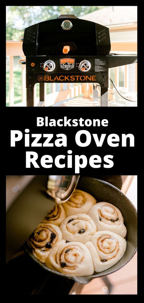 Top Photo:  A Blackstone Pizza Oven.  Bottom Photo:  Placing a pan of homemade cinnamon rolls into a Blackstone Pizza Oven. Black Stone Pizza, Outdoor Pizza Oven Recipes, Pizza Oven Recipes Wood Fired, Pizza For One, Make Pizza Sauce, Blackstone Pizza, Outdoor Gas Pizza Oven, Wood Fired Oven Recipes, Outdoor Griddle Recipes