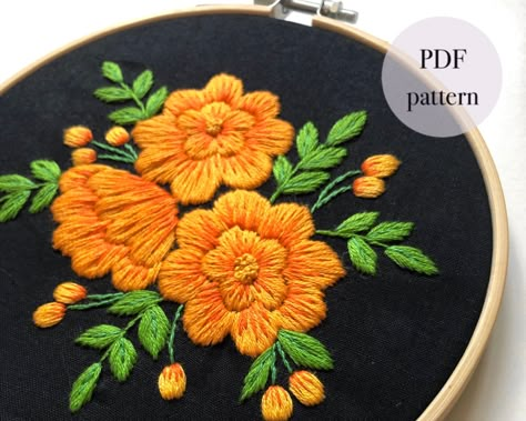 Floral Embroidery Patterns Templates, Marigold Embroidery, Embroidery Patterns Floral, Mindfulness Crafts, Simple Floral Embroidery, Embroidery Patterns Easy, Mexican Patterns, Ren Faire Ideas, Embroidery 101