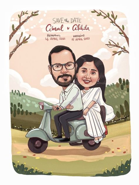 Wedding Cards Cartoon, Wedding Cartoon Illustration, Wedding Art Illustration, Wedding Invitation Cartoon, Couple Caricature Wedding, Wedding Invitation Caricature, Caricature Invitation, Sikh Wedding Invitations Cards, Save The Date Illustrations